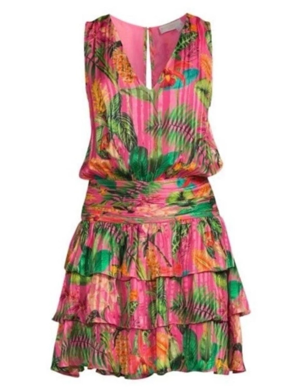 Ramy Brook Vibrant Pink Tropical Print Tiered Ruffle Mini Dress - NWT